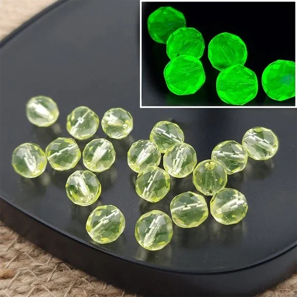 20pcs Vaseline Uranium 8MM Glass Beads UV Light Reactive Firepolish Czech Glass - Picture 1 of 8